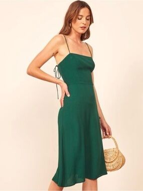 reformation peach dress in emerald tie straps midi dress